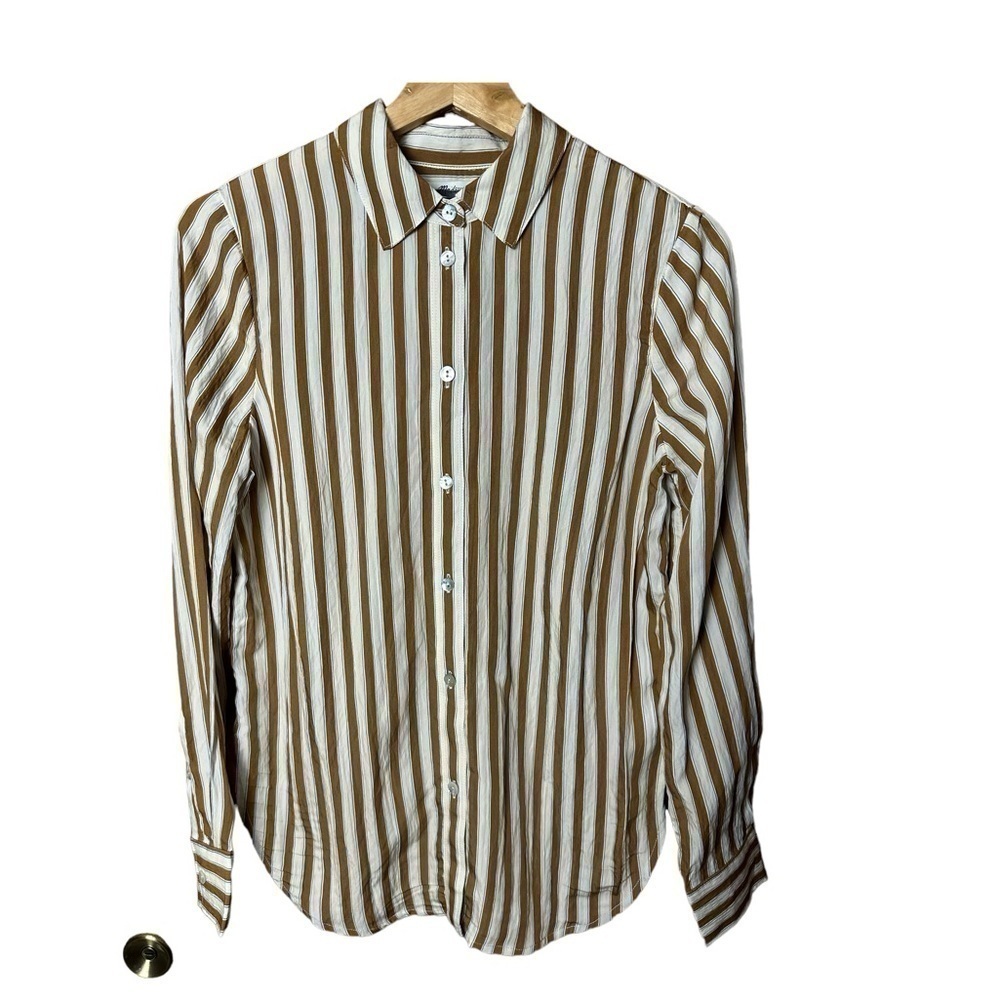 Madewell Crinkled Button Up Shirt Toffee Brown Striped XS - Picture 4 of 10